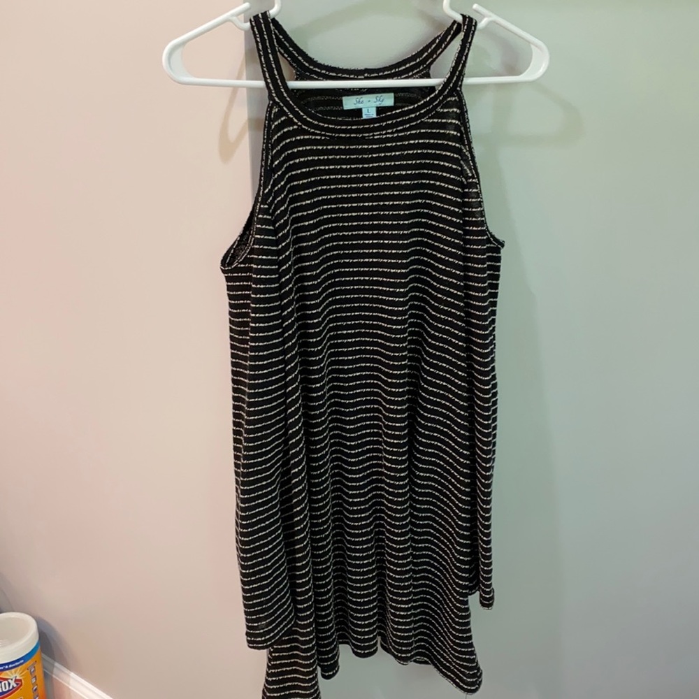 She + Sky | Cold Shoulder Striped Sweater